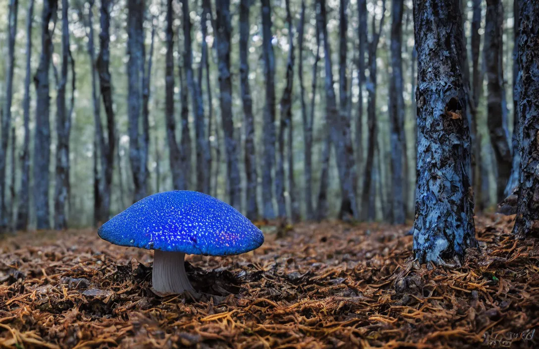 Image similar to blue forest, glowing mushrooms, sigma lens, strong bokeh, photography, highly detailed, 8 5 mm, f / 1. 3, fog, dusk