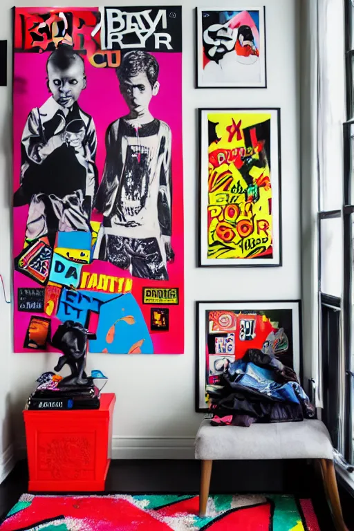 Image similar to darker boy room with full of pop art poster, and scattered clothes, photorealistic, smooth, 4 k, aesthetic lighting, baroque object, sharp focus, hyperdetailed, professional photography, pullitzer winning, photo by : canon eos 5 d mark iv, by karah mew and adnan abidi and jodie bateman