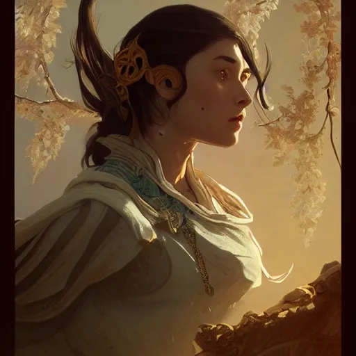 Image similar to portrait of an adventurer, elegant, intricate, headshot, D&D, fantasy, highly detailed, digital painting, artstation, concept art, sharp focus, illustration, art by artgerm and greg rutkowski and alphonse mucha