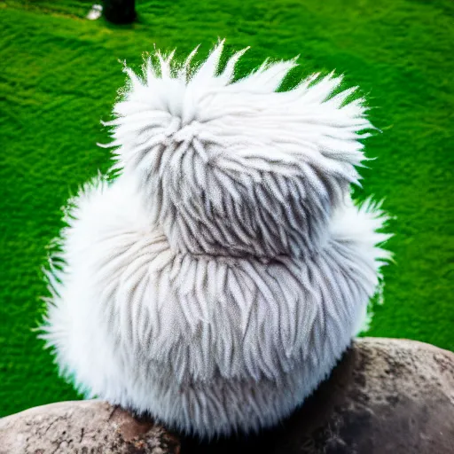Image similar to fluffy monster, view from bottom to top, 35 mm lens