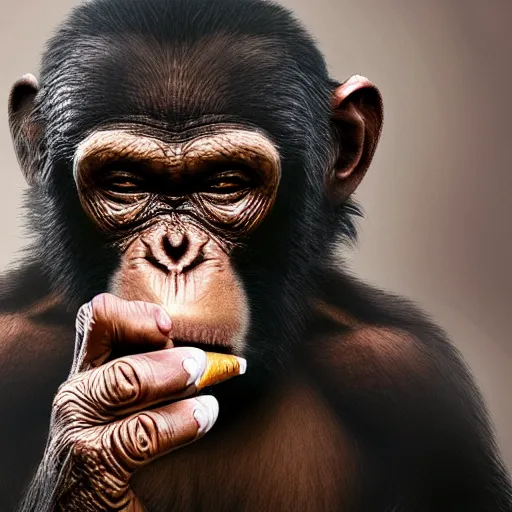 Image similar to a high detail photo of donald trump smoking a cigarrette, subject= chimp, subject detail: extremly detailed, subject action: smoking a cigar, photorealism, dramatic lighting, award winning photograph, trending on artstation