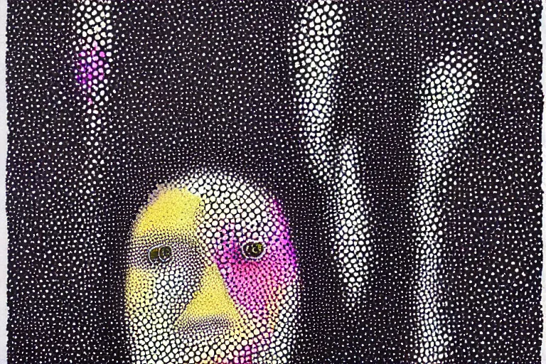 Image similar to face made out of worry, faceless people dark, dots, drip, stipple, pointillism, technical, abstract, minimal, style of francis bacon, asymmetry, pulled apart, cloak, hooded figure, made of dots, abstract, balaclava, colored dots