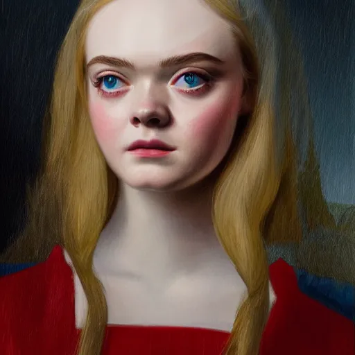 Prompt: professional painting of Elle Fanning in the style of George Stubbs, head and shoulders portrait, symmetrical facial features, smooth, sharp focus, illustration, intricate, stormy weather, extremely detailed masterpiece,