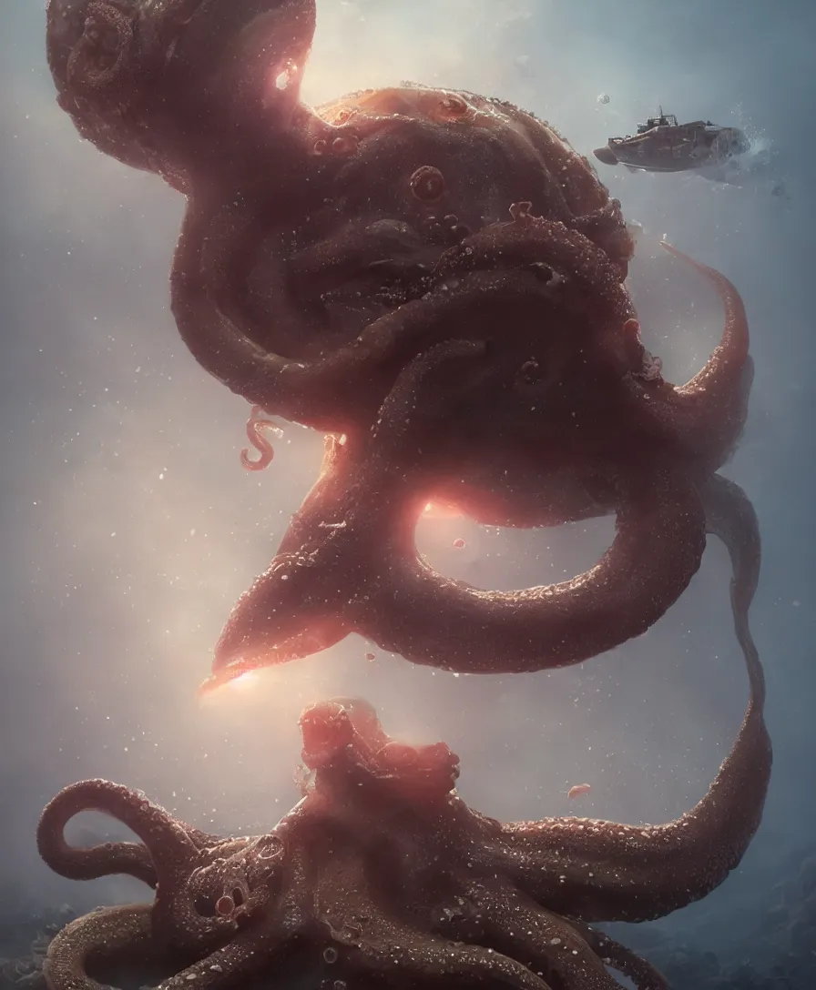 Prompt: hyper realistic giant octopus holding a small submarine underwater, illustrated by greg rutkowski, beautiful volumetric lighting, intricate, ultra detailed, photorealistic, trending on artstation, octane render, 8 k