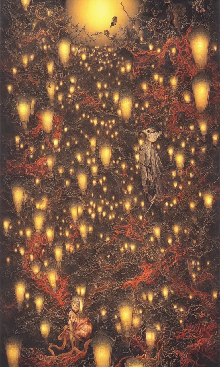 Image similar to 中 国 鬼 节, in the ghost city, evil spirits roam with lanterns, psychedelic lights and fog, zdzislaw, ayami kojima, yamamoto, barclay shaw, karol bak