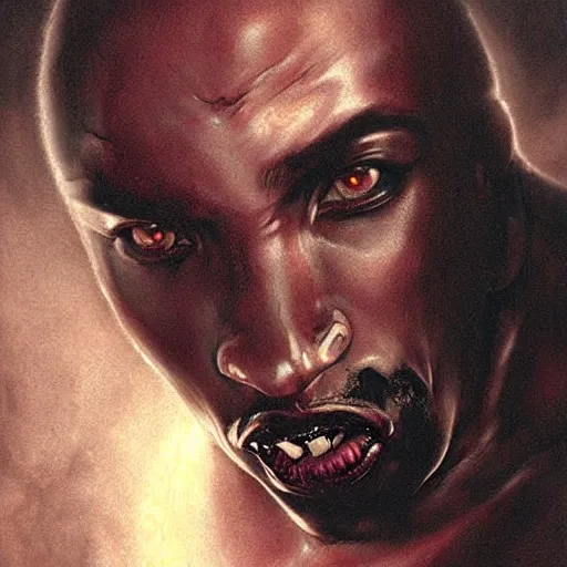 Image similar to 2 pac as a vampire, darkwave, darksynth, concept headshot art, sharp, digital matte painting, art by luis royo, greg rutkowski, wlop, dramatic lighting, trending on artstation