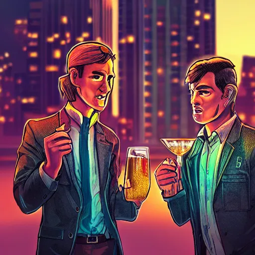 Prompt: two men toast while waiting for the end of the world in a cyberpunk city, realistic, high definition, 4K, shimmering color, symmetrical face, hyper detailed, art of unreal ingine 5