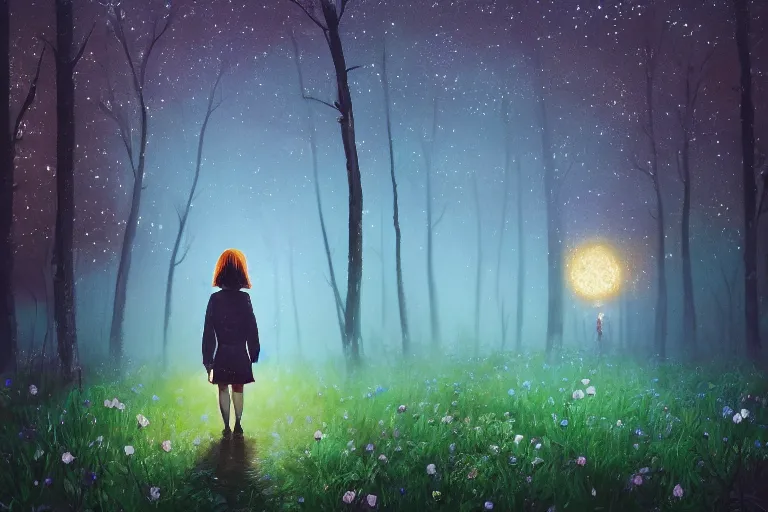 Image similar to giant daisy flower head, girl walking in a moonlit forest, hills, surreal photography, dark night, star trails, dramatic light, impressionist painting, clouds, digital painting, artstation, simon stalenhag