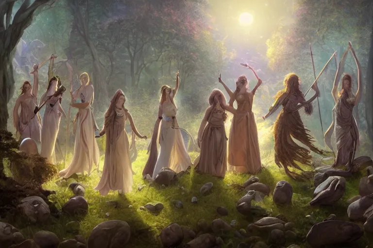 Image similar to the muses. a sacred stone circle, rivendell, the garden of eden, sacred singers they who took up the strings of the deep, and turned the cacophony of an angry world into songs of unity and peace. morning lighting hopeful, cinematic fantasy painting, dungeons and dragons, jessica rossier and brian froud