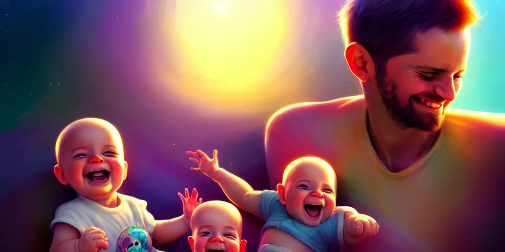 Prompt: epic professional digital art of a happy baby boy with his two fathers, best on artstation, cgsociety, wlop, cosmic, epic, stunning, gorgeous, much detail, much wow, masterpiece, backlight