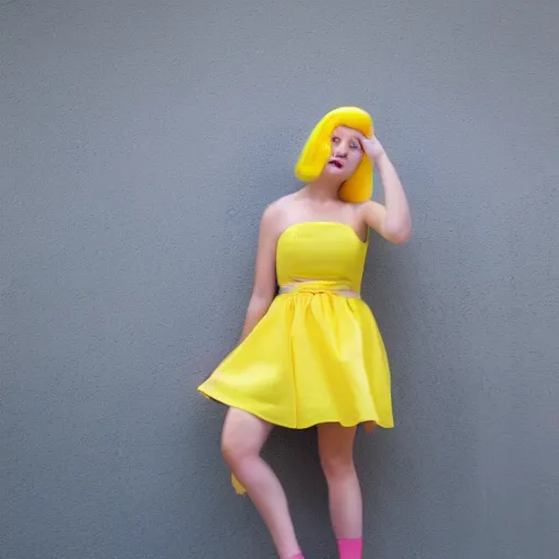 Image similar to girl with yellow hair and pink dress