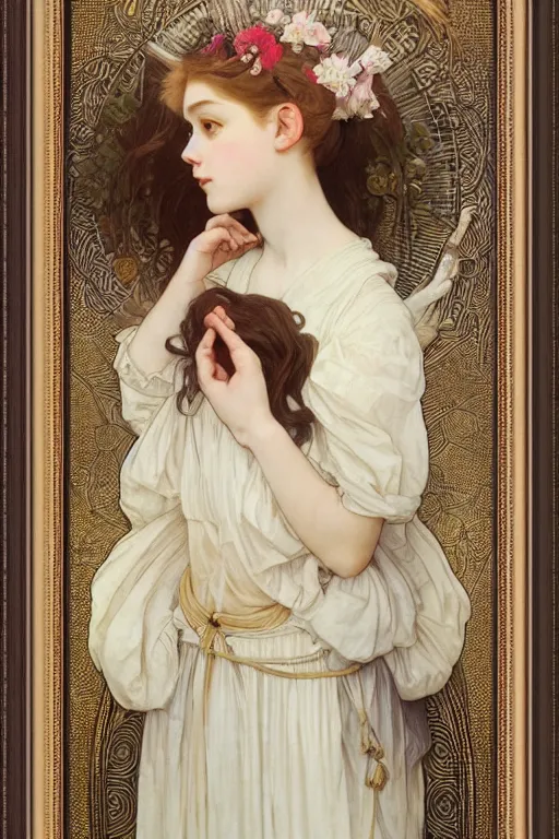 Prompt: beautiful framed realistic detailed full portrait of a cottagecore flowergirl in simple traditional modest amish garb by Alphonse Mucha, Ayami Kojima, Amano, Charlie Bowater, Karol Bak, Greg Hildebrandt, Jean Delville, and Mark Brooks