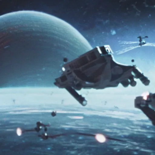 Image similar to a still from a film of a live action sci-fi battle far off in the distance taking place over a giant space structure, 35mm, directed by Steven Spielberg, miniatures, ILM, very cohesive