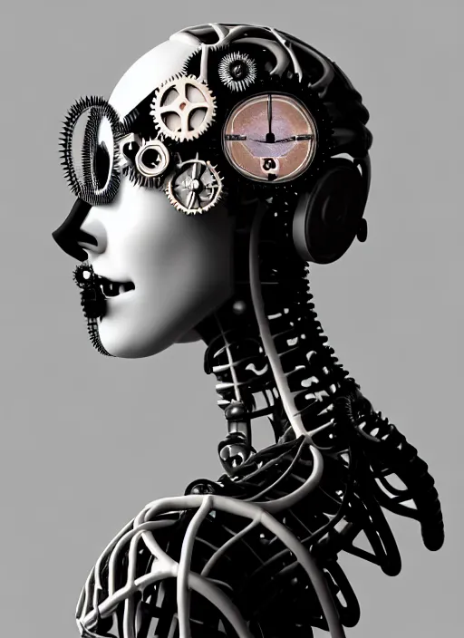 Image similar to 1 9 3 0 black and white dreamy foggy gothic masterpiece profile face portrait, one steampunk eye biomechanical beautiful young female cyborg - robot, body ribs meshes, big monocular, volumetric light, hibiscus flowers, by hg giger, rim light, big gothic fashion pearl embroidered collar, 8 k