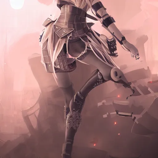 Image similar to Jennifer Aniston as 2B nier automata, cute, intricate, elegant, highly detailed, digital painting, 4k, HDR, concept art, smooth, sharp focus, illustration,