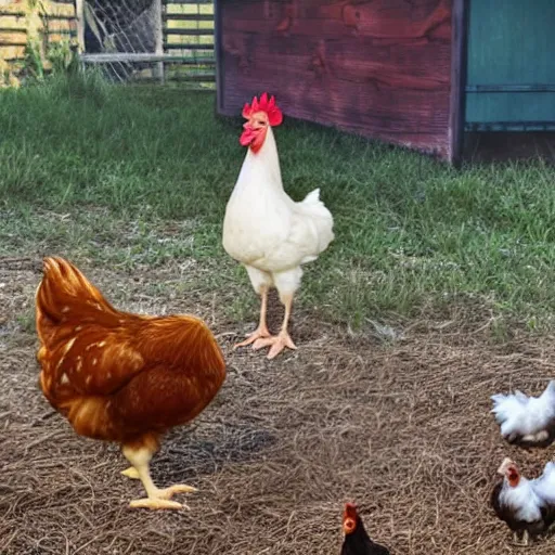 Prompt: realistic true to life photo in a barnyard where no other chickens except 1 rooster and 1 downy newly-hatched baby chick pick at a birthday cake