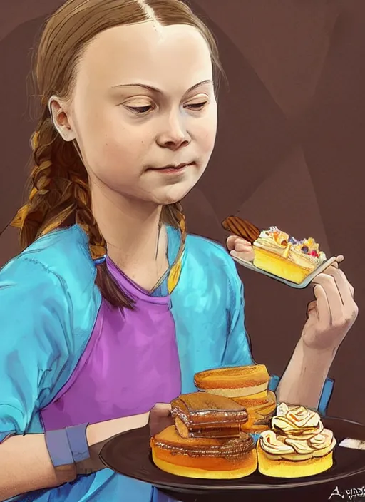 Image similar to greta thunberg eating cakes, detailed digital art, trending on Artstation