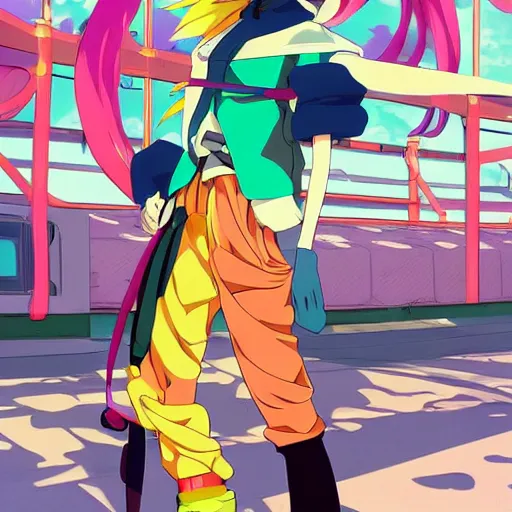 Image similar to anime girl with colorful clothes, eccentric hairstyle, cel - shading, 2 0 0 1 anime, flcl, jet set radio future, golden hour, underground facility, underground tunnel, pipes, rollerbladers, rollerskaters, cel - shaded, jsrf, strong shadows, vivid hues, y 2 k aesthetic