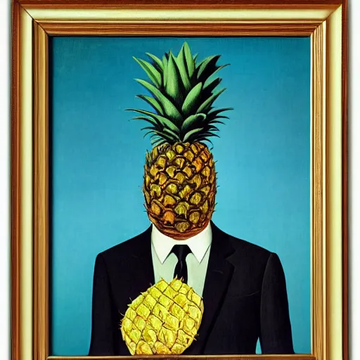 Image similar to portrait of a man in a suit with a pineapple in front of his face, painting by rene magritte, high detail, high resolution