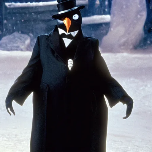 Prompt: Alex Jones as the Penguin Man in the movie Batman Returns 1992, still, high quality