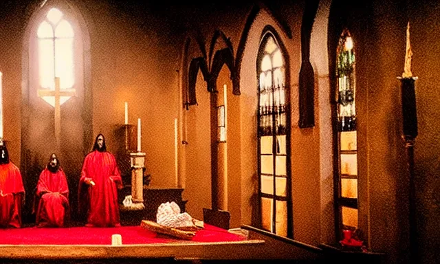 Image similar to a cultist ceremony, cultists with robes and masks, church interior, satanic church interior, the fog. horror lighting, found footage