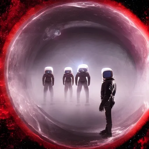 Image similar to ultra realistic, astronaut standing inside of an eerie space cathedral surrounded by cultists, there’s a large obsidian vortex floating above, black and red background, occult, photo realistic, dark atmosphere