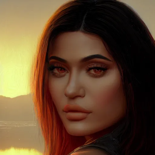 Image similar to a closeup portrait of a kylie jenner, dramatic light, lake background, sunset, dark, painted by stanley lau, painted by greg rutkowski, painted by stanley artgerm, digital art, trending on artstation