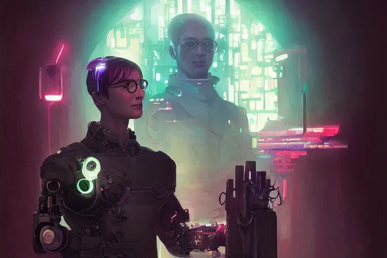 Image similar to portrait of cyborg Harry Potter in cyberpunk, neon lighting, portrait in center, digital art from artstation by Ruan Jia and Mandy Jurgens and Artgerm and william-adolphe bouguereau and Greg Rutkowski and Wayne Barlowe