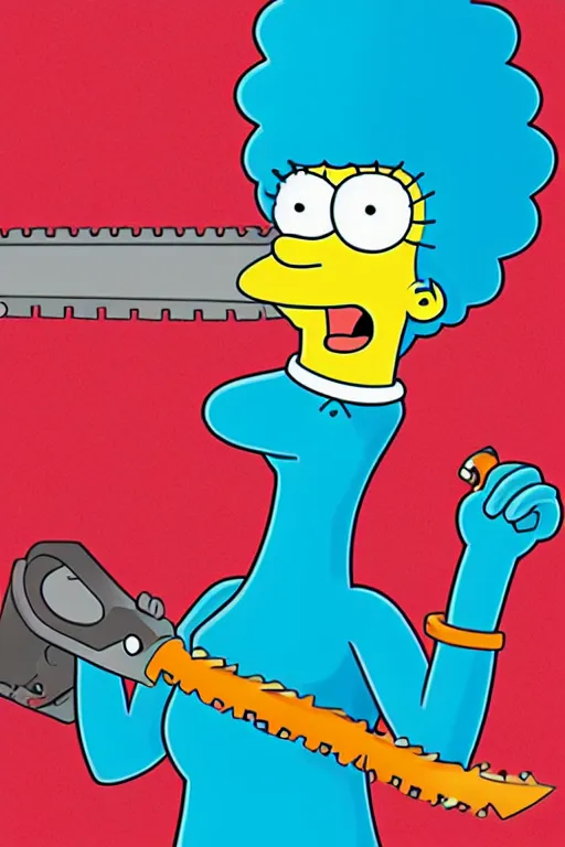 Image similar to marge simpson as a serial killer, holding a chainsaw