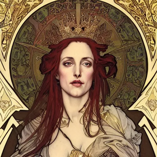 Prompt: realistic detailed of Gillian Anderson as a medieval queen by Alphonse Mucha, Ayami Kojima, Amano, Charlie Bowater, Karol Bak, Greg Hildebrandt, Jean Delville, and Donato Giancola, Art Nouveau, Neo-Gothic, gothic, rich deep colors