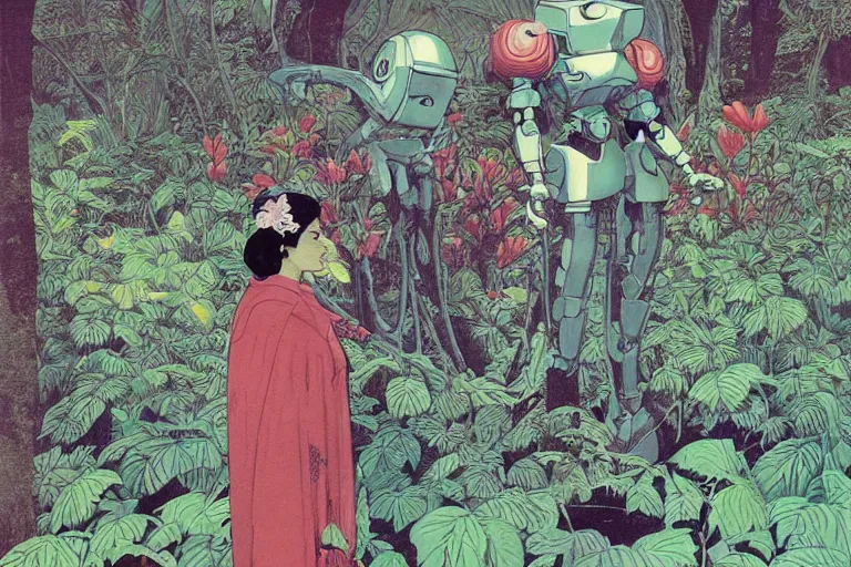 Image similar to gigantic woman head, a lot of exotic vegetation around, trees, tremendous mecha robot, flowers, risograph!, oldschool vintage sci - fi flat surreal design, super - detailed, painting by moebius and satoshi kon