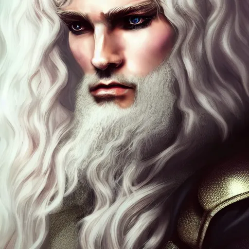 Image similar to portrait of Lucius the beautiful fantasy warlord, long fluffy platinum blond curly hair, clean and pretty, 8k, trending on artstation