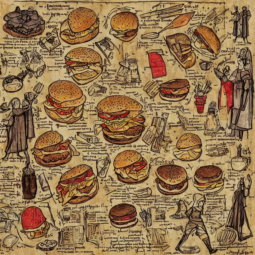 Image similar to ( ( ( ( illustrated recipe for a bigmac hamburger ) ) ) ) lot of medieval enluminures in the background explaining the recipe, schematic in a notebook