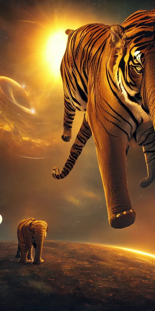 Image similar to planet - sized tiger elephant in space, next to the sun and stars, very wide shot, epic composition, hyper detailed, digital art, trending in artstation, cinematic lighting, studio quality, unreal engine 5 rendered, art style by klimt and nixeu and ian sprigger and wlop and krenz cushart