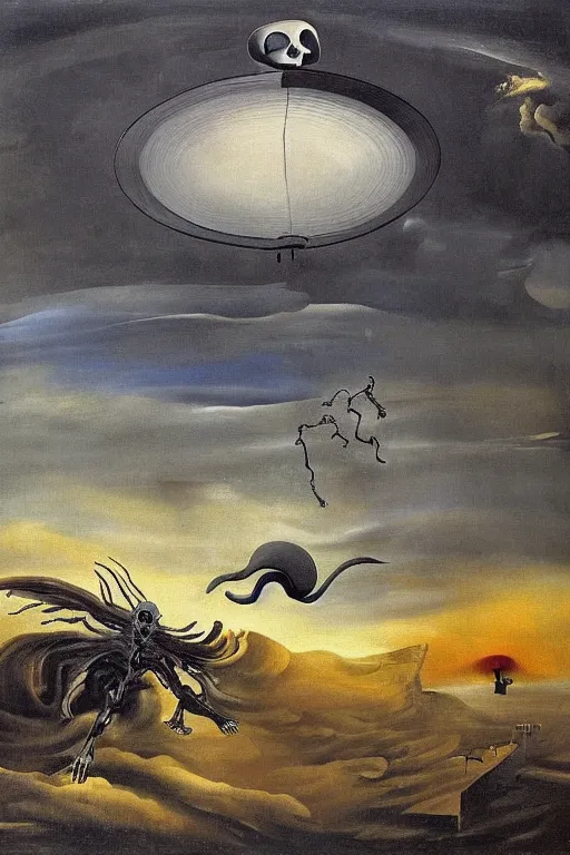 Image similar to a UFO hovering in a stormy sky, on the ground a Skeleton fights with the grim reaper, cinematic lighting, Avantgarde, surrealistic painting with broad messy brushstrokes by Salvator Dali, František Muzika and max ernst