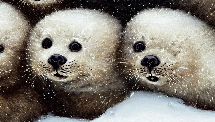 Image similar to highly detailed closeup painting of cute furry white baby seals inside a snowy adventure park climbing frame by william turner, by greg rutkowski, by william constable, thick brush strokes and visible paint layers, 4 k resolution