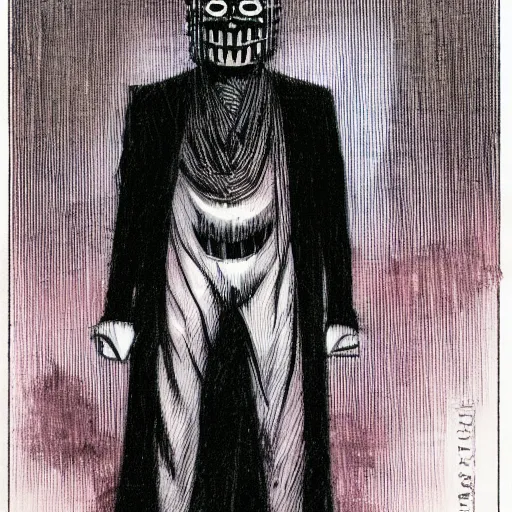 Prompt: a man wearing a creepy noh mask and black suit looming, character concept art by tim bradstreet