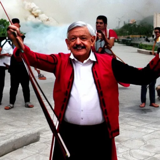 Prompt: amlo dressed as nero, playing the violin as mexico burns