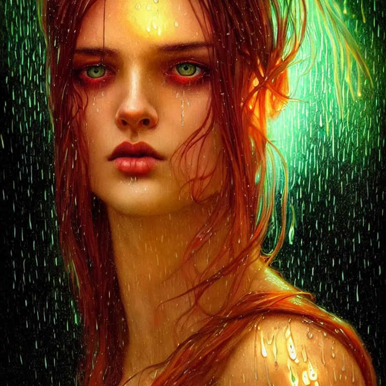 Image similar to bright asthetic portrait LSD glowing backlit rain on face and wet hair, fantasy, intricate, elegant, dramatic lighting, highly detailed, lifelike, photorealistic, digital painting, artstation, illustration, concept art, smooth, sharp focus, art by John Collier and Albert Aublet and Krenz Cushart and Artem Demura and Alphonse Mucha