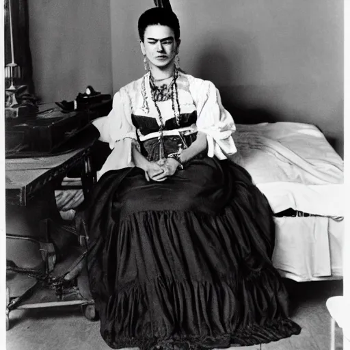 Prompt: frida kahlo is wearing a victorian night gown lying in a hospital bed