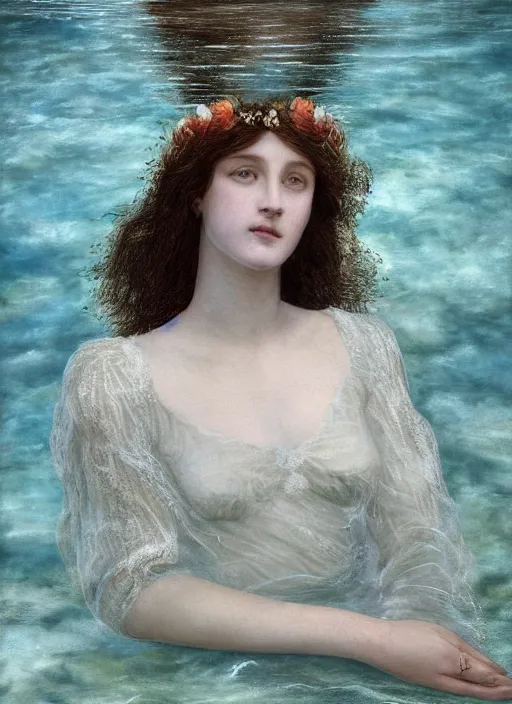 Prompt: portrait photography of a beautiful woman how pre-Raphaelites by Giovanni Gastel britt marling style 3/4with her eyes closed,inspired by Ophelia Millais Paint , the face emerges from water of Pamukkale, underwater face, the hair are intricate with highly detailed realistic beautiful brunches and flowers like crown, anatomical real full body dressed ethereal lace dress floating in water surface , Kodak Portra 400, 8K, soft light, volumetric lighting, highly detailed, britt marling style 3/4 ,, Refined, Highly Detailed, outdoor soft pastel lighting colors scheme, outdoor fine art photography, Hyper realistic, photo realistic