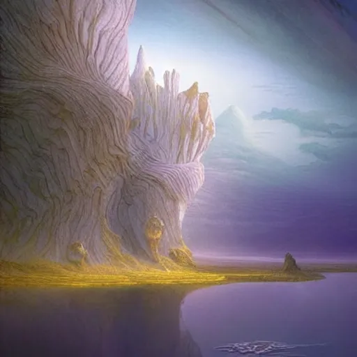 Image similar to artistic digital artwork of an epic natural scene on an alien planet. beautiful landscape by vincent bons, michael whelan, remedios varo and gerardo dottori. grainy and rough. interesting pastel colour palette. beautiful light. oil and water colour based on high quality render.