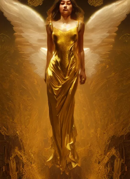 Image similar to a Photorealistic dramatic hyperrealistic render of an angel, gold clothes, dramatic lighting, by WLOP,Artgerm,Greg Rutkowski,Alphonse Mucha, Beautiful dynamic dramatic dark moody lighting,shadows,cinematic atmosphere,Artstation,concept design art,Octane render,8K