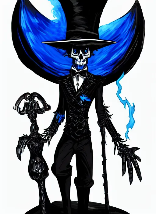 Image similar to DND character art, skeletal male figure, wearing a deep black suit!!! and tie and top hat, holding a gold! cane!, blue flames in background, blue flames