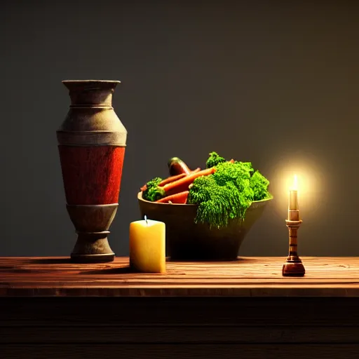 Image similar to a large vase on top of a antique wooden table, vegetables on table and candle, medieval concept art, cinematic lightning and colors, vray tracing, rendered in unreal engine, dark lightning, contrast shadows