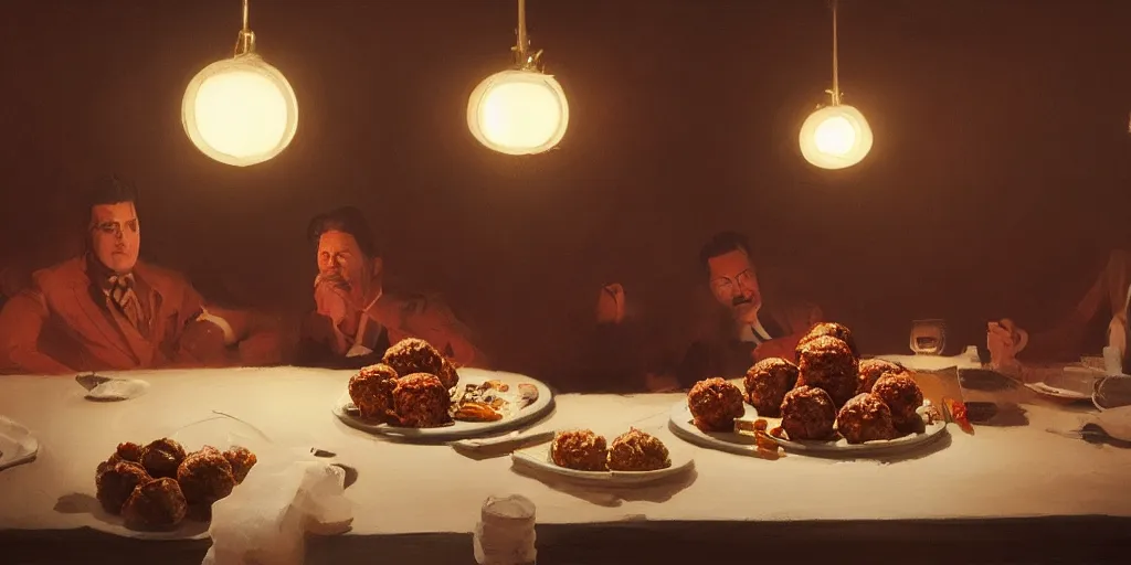 Image similar to Dale Cooper is eating meatballs at the Black Lodge, Greg Rutkowski, Darek Zabrocki, Karlkka, Jayison Devadas, Phuoc Quan, trending on Artstation, 8K, ultra wide angle, pincushion lens effect.