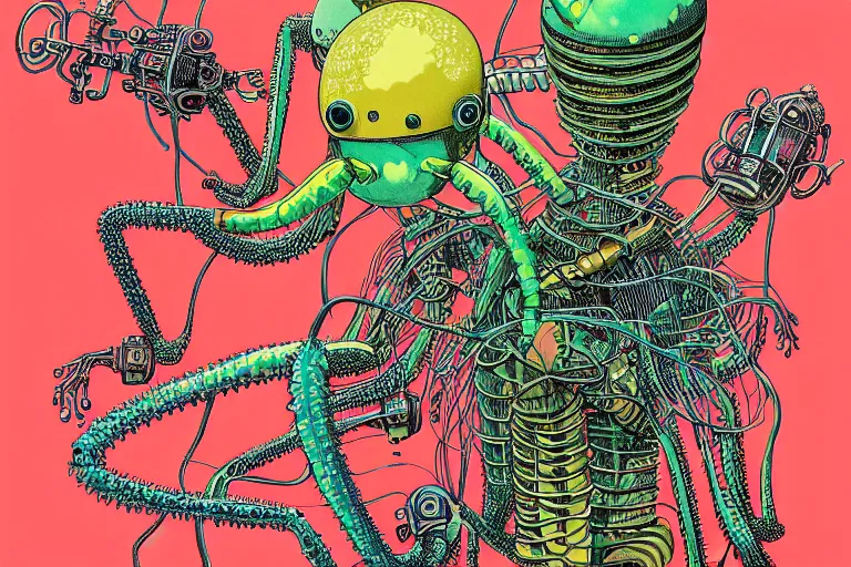 Image similar to risograph grainy drawing vintage sci - fi, satoshi kon color palette, gigantic fat mantis full - body covered with robot parts and wires, with lot tentacles, codex seraphinianus painting by moebius and satoshi kon and dirk dzimirsky close - up portrait