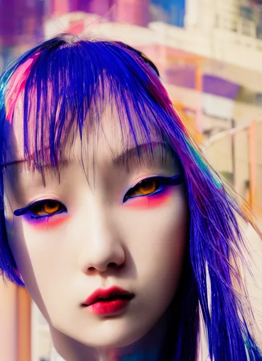 Image similar to a close-up risograph long shot of cyberpunk japanese glossy model girl with black eyes and pretty face wearing lots of transparent cellophane clothes and accessories, blue hour, twilight, cool, portrait, Kodachrome, ISO1200,