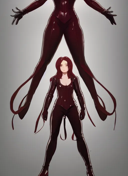 Prompt: concept art of a pretty young woman with shoulder length shiny shimmering dark red hair and wearing leather suit, concept art, t - pose, full body, path traced, highly detailed, high quality, digital painting, by studio ghibli and alphonse mucha, leesha hannigan, makoto shinkai, disney
