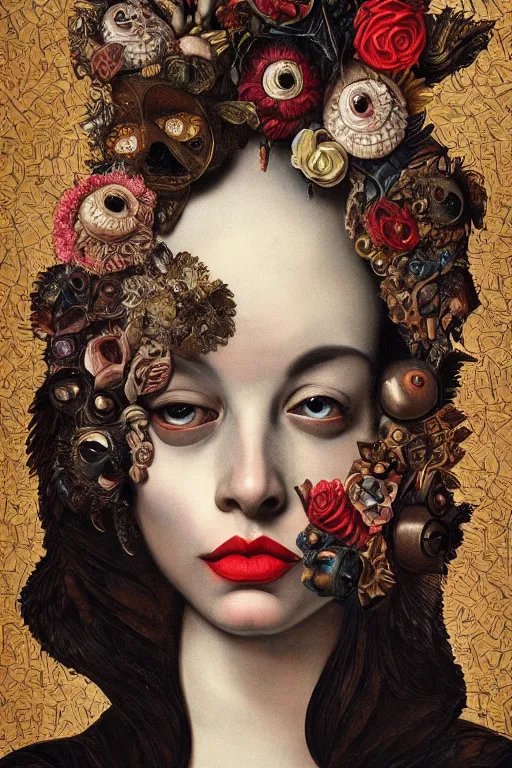 Image similar to Detailed maximalist portrait with large lips and with large, wide eyes, expressive, extra flesh, HD mixed media, 3D collage, highly detailed and intricate, surreal, illustration in the style of Caravaggio, dark art, baroque